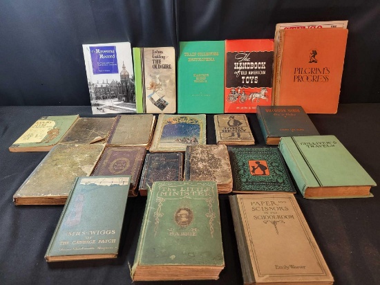 Box lot of antique school books, reference books, Ravenna Record, Pilgrims Progress and more