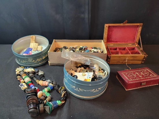 Group of vintage buttons, button necklace, jewelry box and more