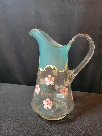 Hand blown water pitcher with enameled floral decor, applied handle