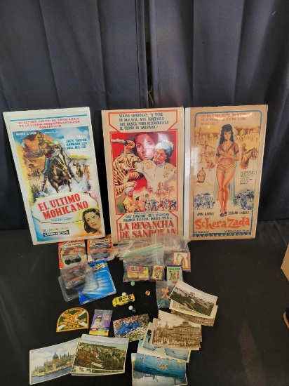 Spanish carded lobby cards, assorted vintage post cards and toys