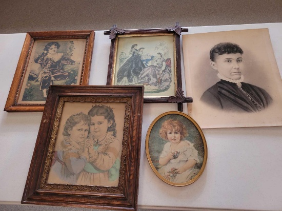 Assorted lithographs in period frames, photograph and oval frame print
