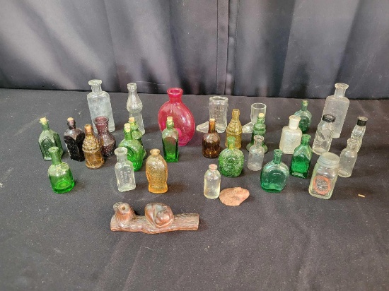 Box lot of assorted vintage miniature bottles, advertising and wood pen holder