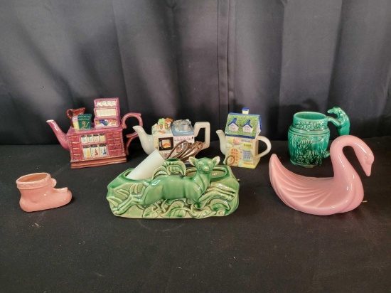 Teapots, rockingham mug, MCM antelope tv light