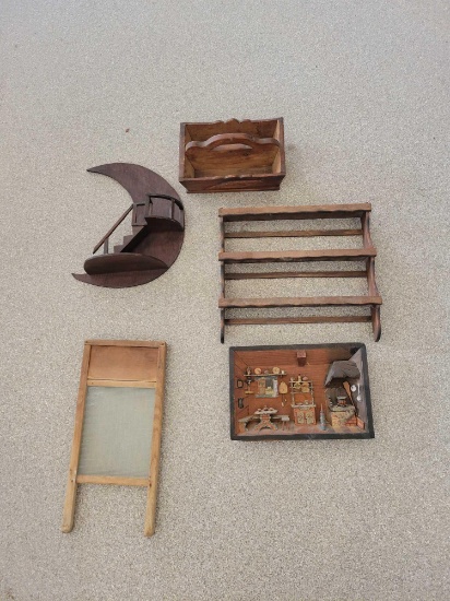 Glass washboard, wood carry all, shelves and craft scene