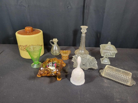 Box lot of press glass, amber hat, cookie jar and depression glass cup
