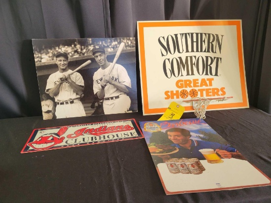 Southern Comfort hoop, Natural light cardboard, Indians clubhouse sign, Gerig Dimaggio photo