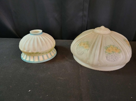 Pair of antique frosted handpainted light shades with handpainted details