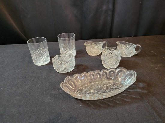 2 Wheel cut tumblers, childs pattern glass pitchers and assorted pieces