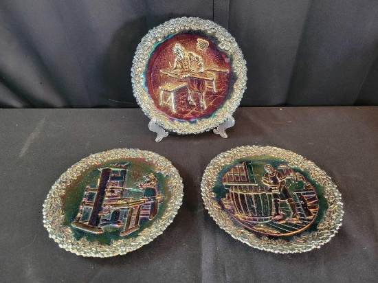 Fenton carnival plates 1971 and 1974, one with sticker