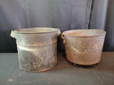 Cast iron footed kettle (damaged), galvanized double handle bucker