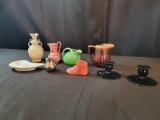 Amethyst candle holder, McCoy pitcher, Uhl shoe, Haviland relish, assorted pieces