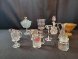 Silver overlay creamer and sugar, spooner, AW rootbeer mug, lead crystal pinwheel and more