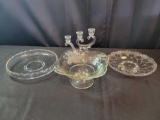 Paden City bowl, Cord drapery platter, Fostoria Century candelabra