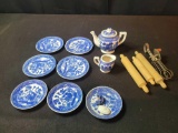 Early childs Japan Blue Willow china set and utensils