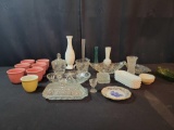 Box lot of Pottery, press glass, vases, hobnail and covered butter