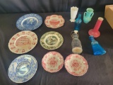 Antique calendar and souvenir plates, DC New Jersey, vases and glass bottles