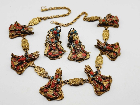 Vintage Inlaid glass & brass necklace & earrings