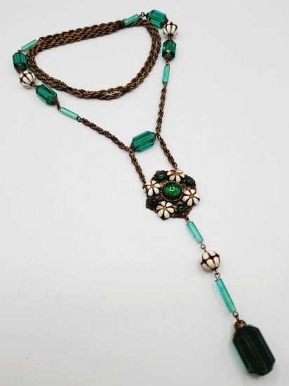 Art Deco flapper vintage green crystal & enamel necklace