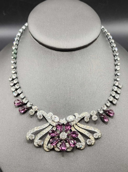 Signed 1950s purple rhinestone necklace, fancy