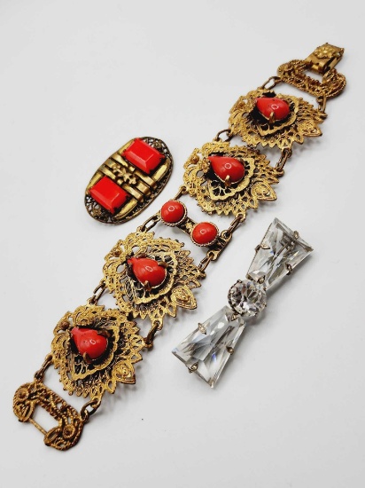 Art Deco costume jewelry: bracelet & pins