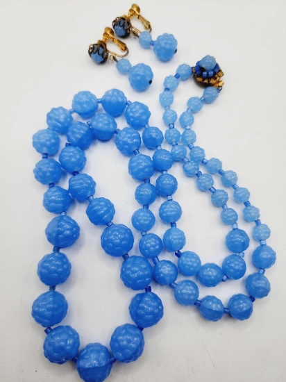 Vintage Miriam Haskell blue "bubble" glass necklace and earrings