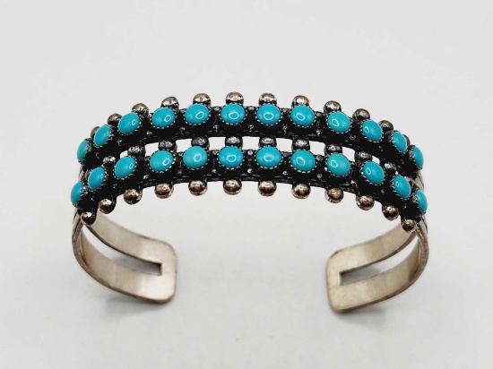 Vintage 2 row turquoise & sterling silver cuff bracelet