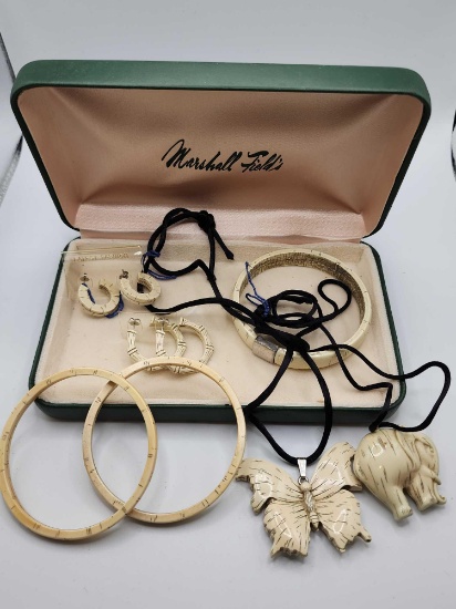 Vintage faux ivory, PLASTIC jewelry: bangles & pendants