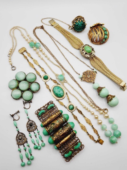 Vintage Art Deco Jadeite glass jewelry: necklaces, bracelets, earrings