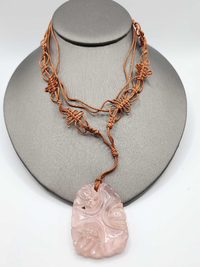 Vintage carved rose quartz pendant necklace