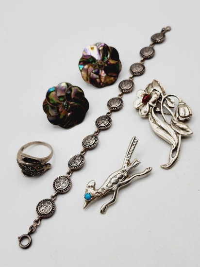 Vintage sterling silver: dolphin ring, pins, bracelet, earrings
