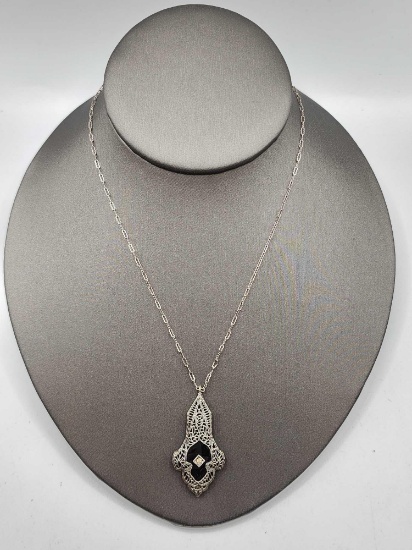 Vintage Art Deco sterling & onyx drop pendant necklace