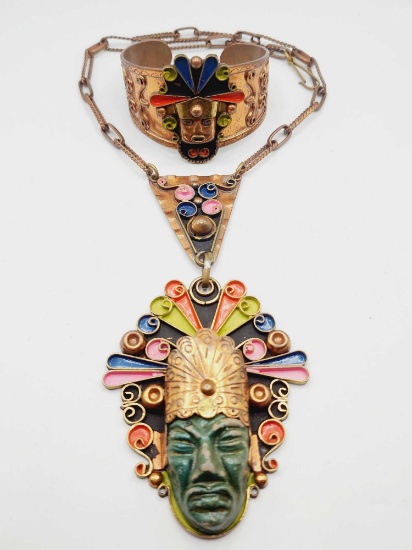 Oversized vintage Mexican copper mask cuff bracelet & necklace