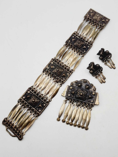Vintage Mexican silver bracelet, pin and earrings