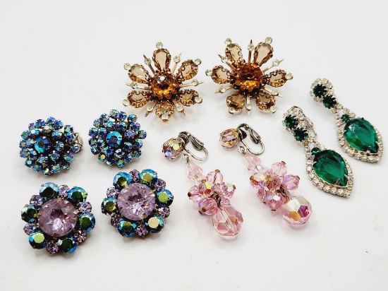 (5) pairs of vintage clip on rhinestone earrings