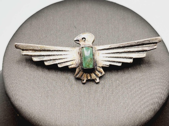 Vintage Native American Indian silver & turquoise bird pin