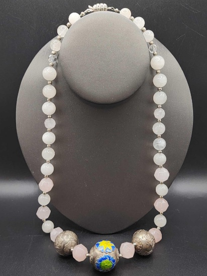 Vintage Chinese beaded necklace: rose quartz & silver