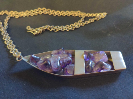 Vintage Boat pendant filled with Purple stones and chain
