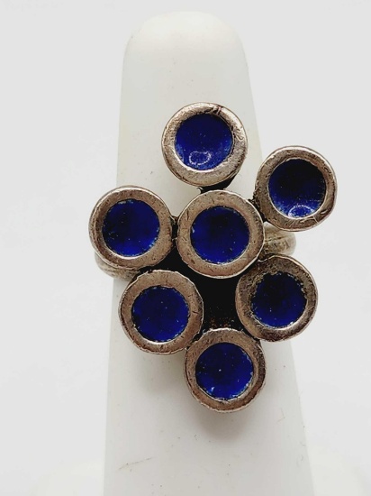 Vintage 1970s sterling silver blue enamel ring, size 3.5