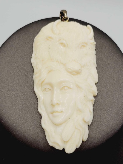 Vintage hand carved bone cameo face with Buffalo