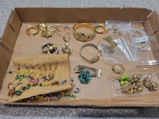 Box lot of art glass earrings, costume jewelry and Elgin 10k gf watch