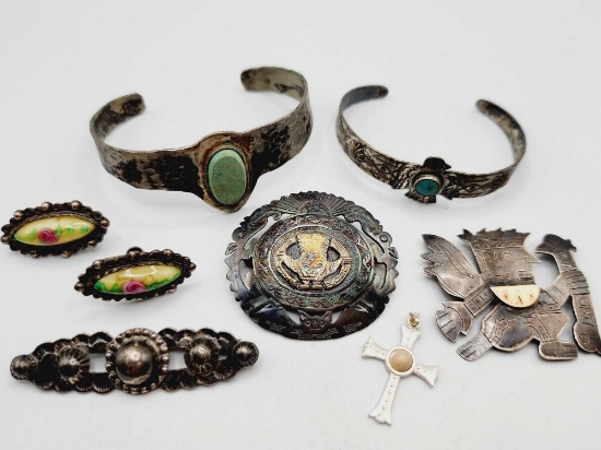 Vintage sterling silver: pins, earrings, cuff bracelets