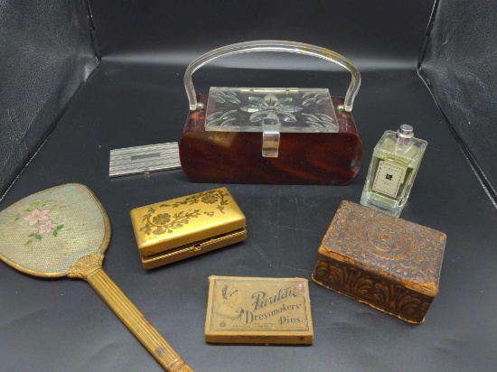 Vintage Dresser lot Puritan pin box, hand mirror, lucite purse as-is