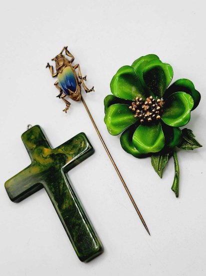 Vintage beetle hatpin, Bakelite cross, enamel flower pin