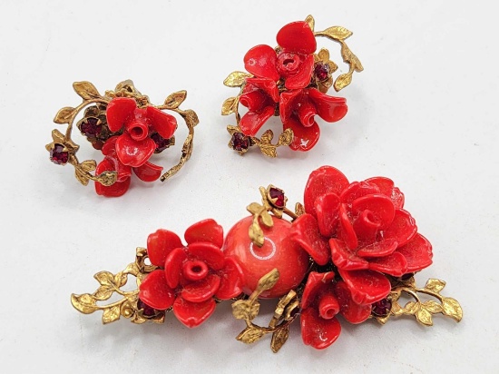 Vintage Miriam Haskell red roses glass pin & earrings