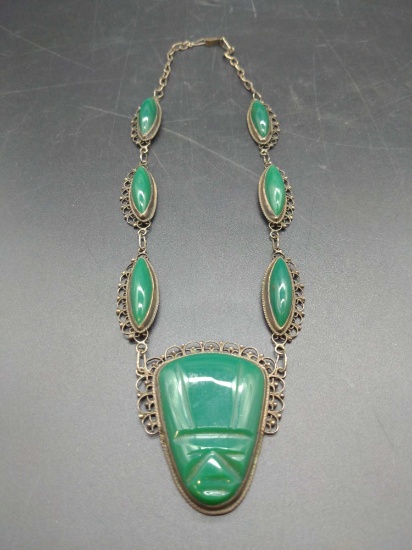 Vintage Green Onyx Ace Aztec Sterling Silver Mexico pendant & necklace