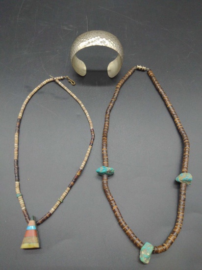 (2) Native American Stone Necklaces and Hammered Sterling Silver cuff
