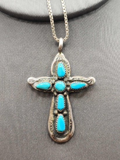 Native American Indian Sterling silver & turquoise cross necklace