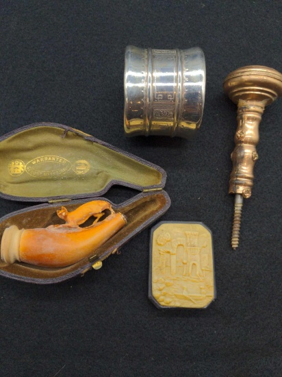 Antique Carved pipe in case Napkin Ring Walking Stick Gold filled knob