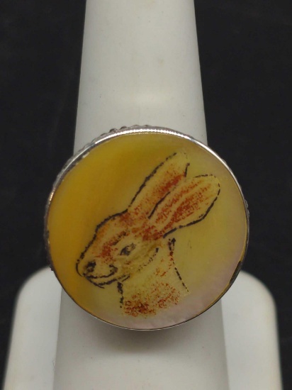 Scrimshaw Rabbit Vintage Ring 6 1/2