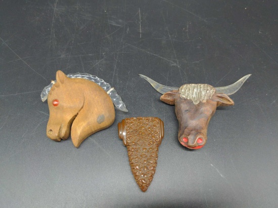 Early (2) Wood handmade animal pins & one bakelite clip